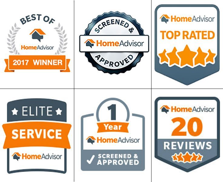 HomeAdvisor awards: "Best of 2017 Winner", "Screened & Approved", "Top Rated", "Elite Service", "Screened & Approved 1 Year", "20 Reviews."