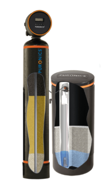 Water softener with digital display, cutaway view showing filter media, and warranty badges.