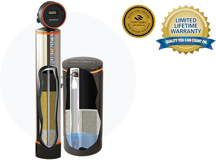 A picture of a water filter with a lifetime warranty.