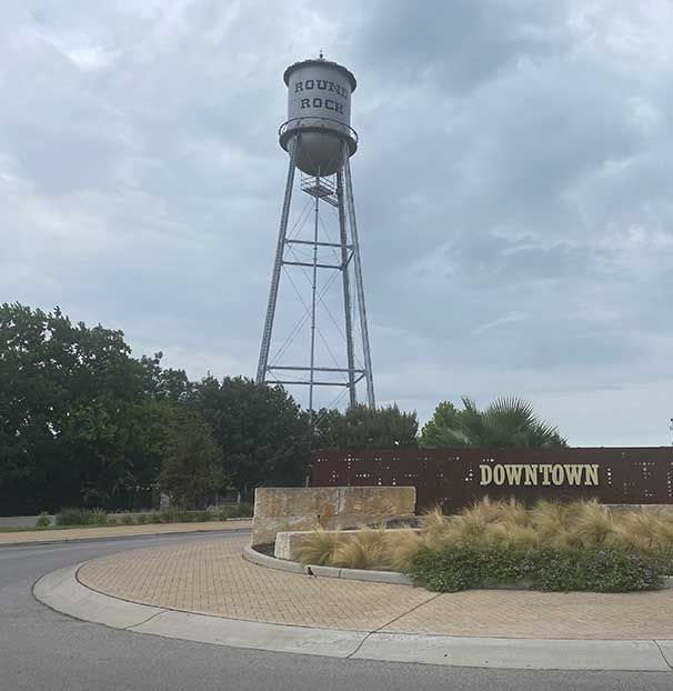 A water tower with the words route rock on it