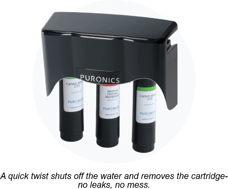A quick twist shuts off the water and removes the cartridge - no leaks , no mess.