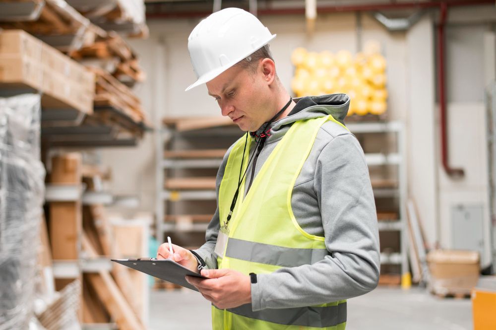 Warehouse worker in a white hard hat and safety vest taking inventory, writing on a clipboard.