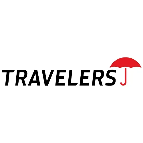 Travelers Insurance logo: Black text, red umbrella icon, white background.