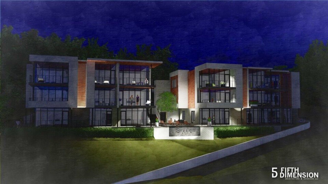 A rendering of the exterior at night