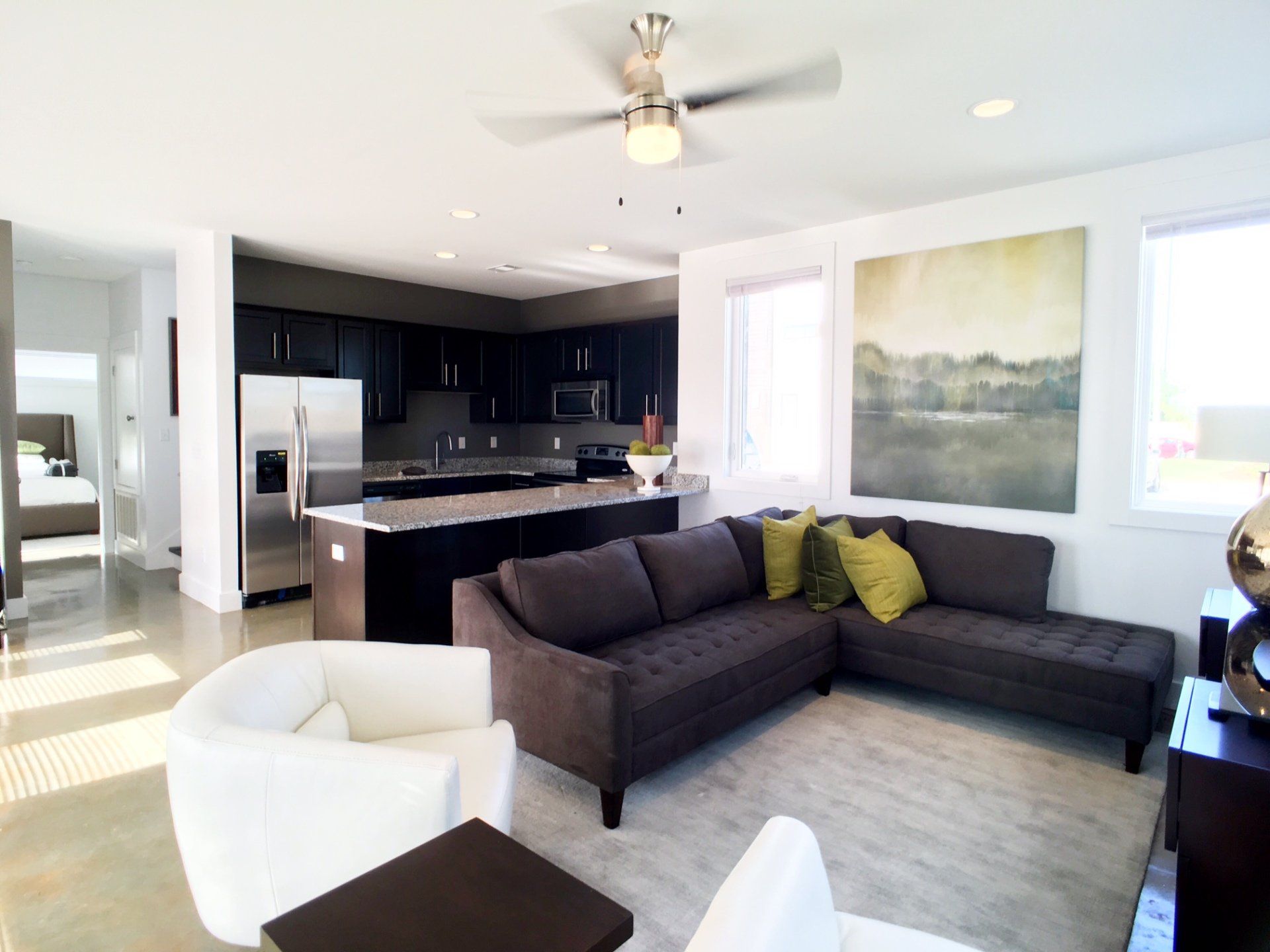 The living room and kitchen