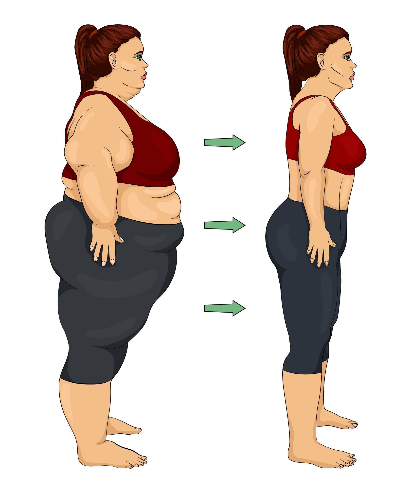 Donna prima e dopo la perdita di peso, con indosso abbigliamento sportivo.