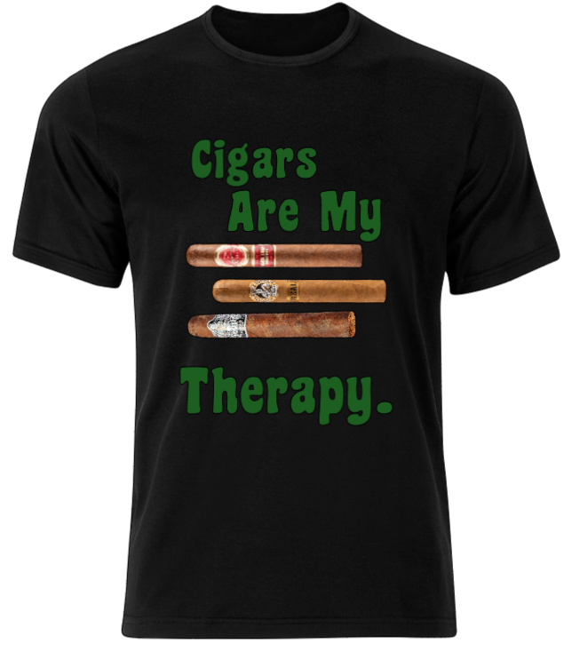 A black shirt that says cigars are my therapy