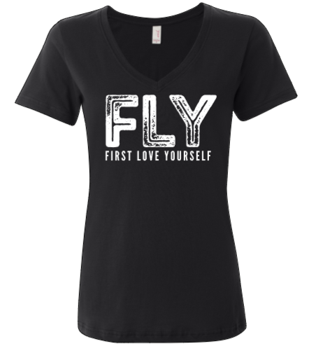 A black t-shirt that says fly first love yourself