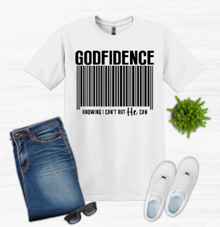 A white t-shirt that says godfidence on it
