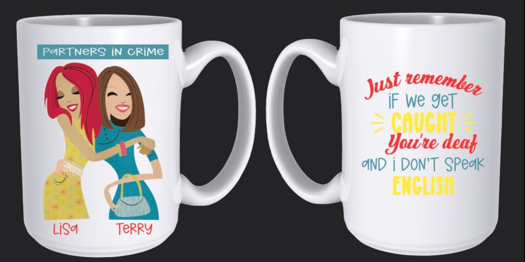 White coffee mug with cartoon figures and text: 
