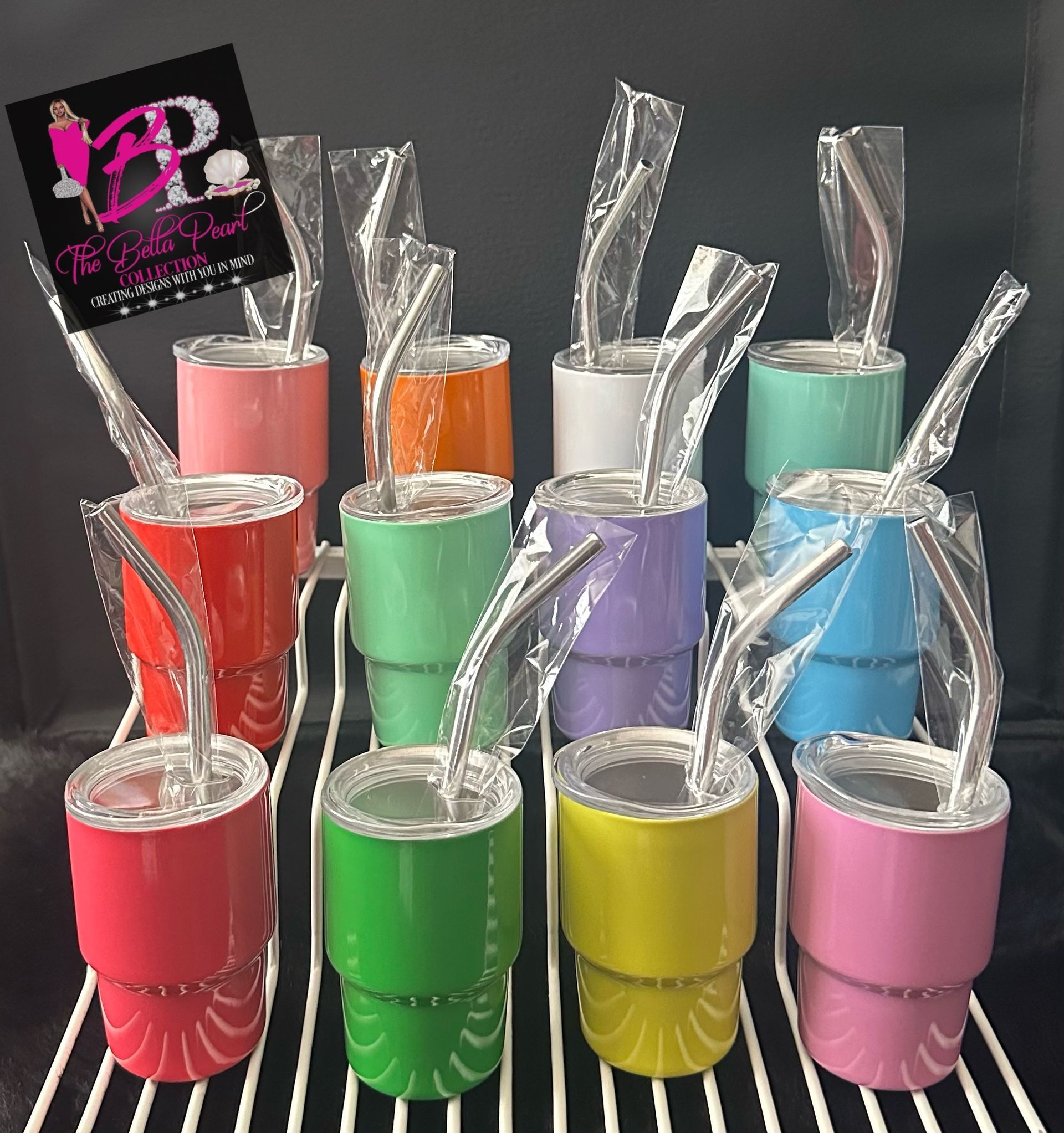 Mini shot stainless steel tumblers in a variety of colors