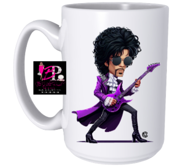 A coffee mug with a cartoon of prince playing a guitar