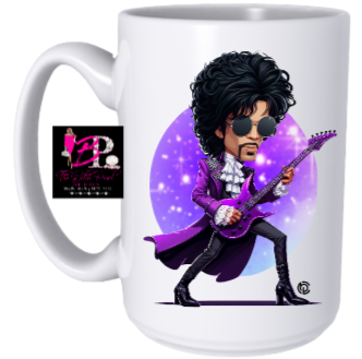 A coffee mug with a cartoon of prince playing a guitar