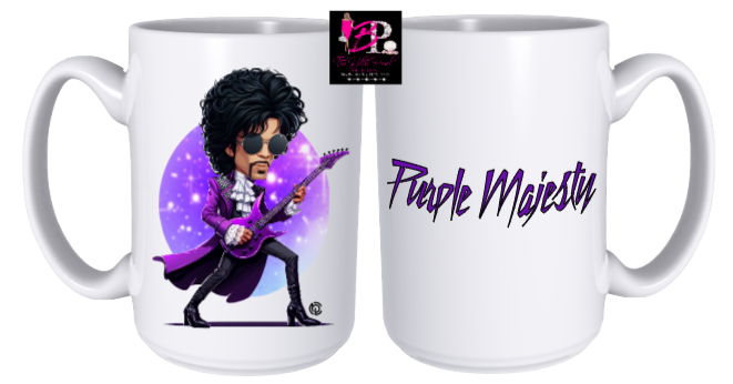 A coffee mug with a cartoon of prince playing a guitar