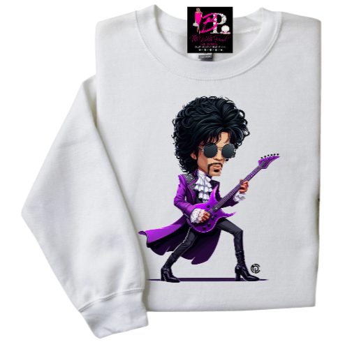 A white sweatshirt with a cartoon prince playing a guitar
