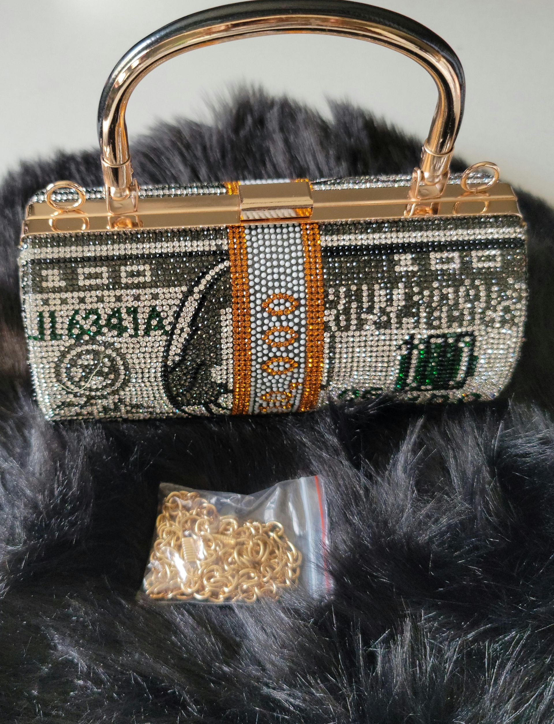 A purse with a bunch of money on it