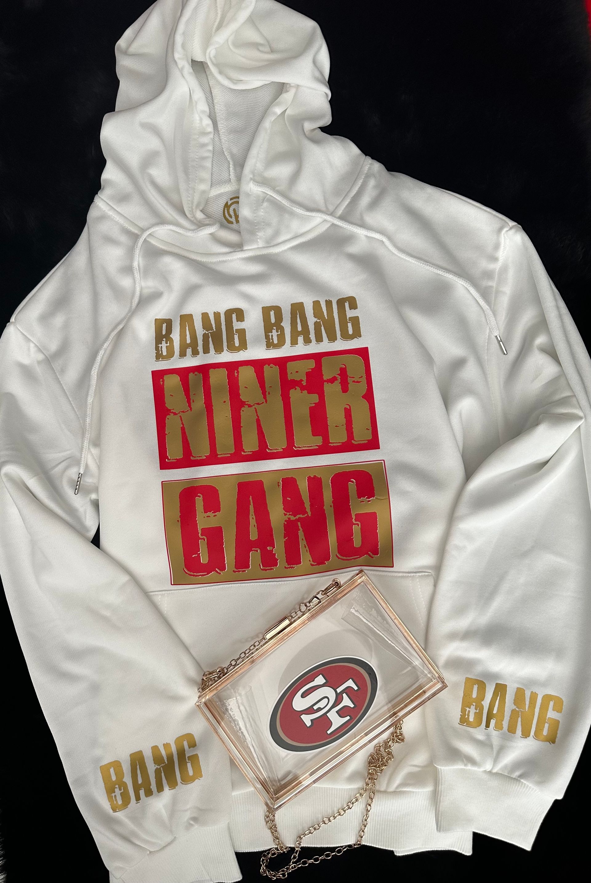 A white hoodie with the words `` bang bang niner gang '' on it