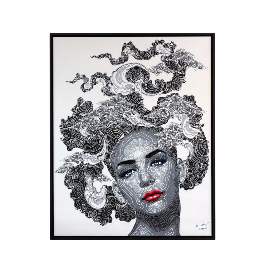 Vrouwenportret, ingewikkelde zwarte lijnen. Rode lippen, doordringende blauwe ogen. 