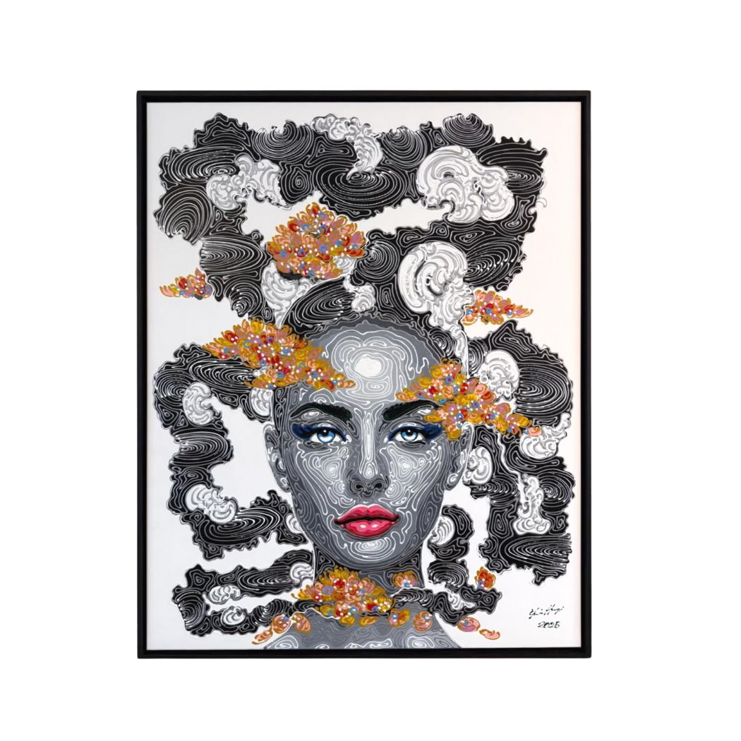 Portret van een vrouw met zwarte en grijze wervelingen, gouden en k