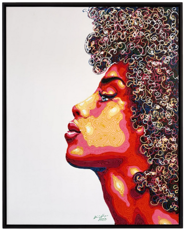 Profiel van een persoon met krullend haar, een roodachtige huid en gesloten ogen, tegen een witte achtergrond.