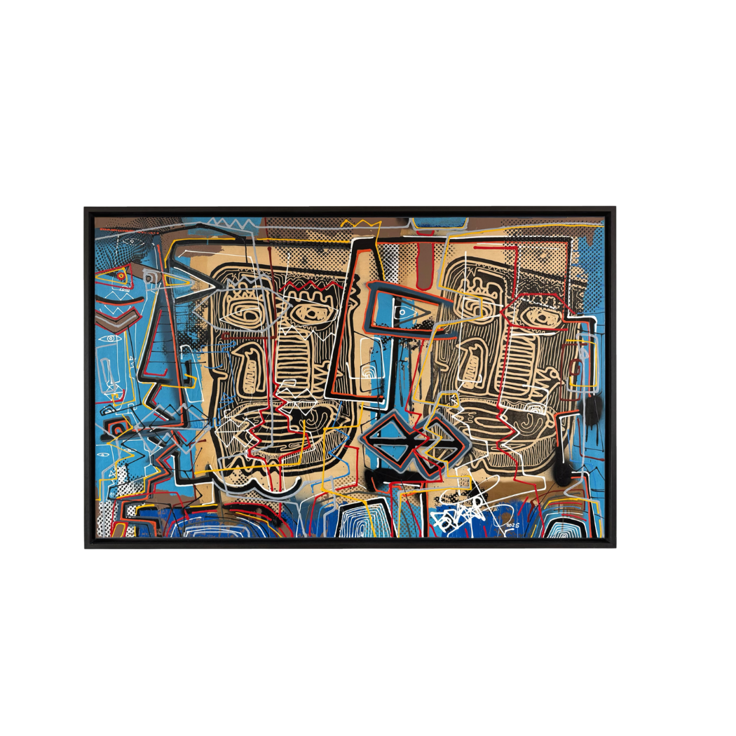 Abstracte kunst met zwarte lijst: Blauwe achtergrond, zwart/beige figuren met rode en witte accenten.