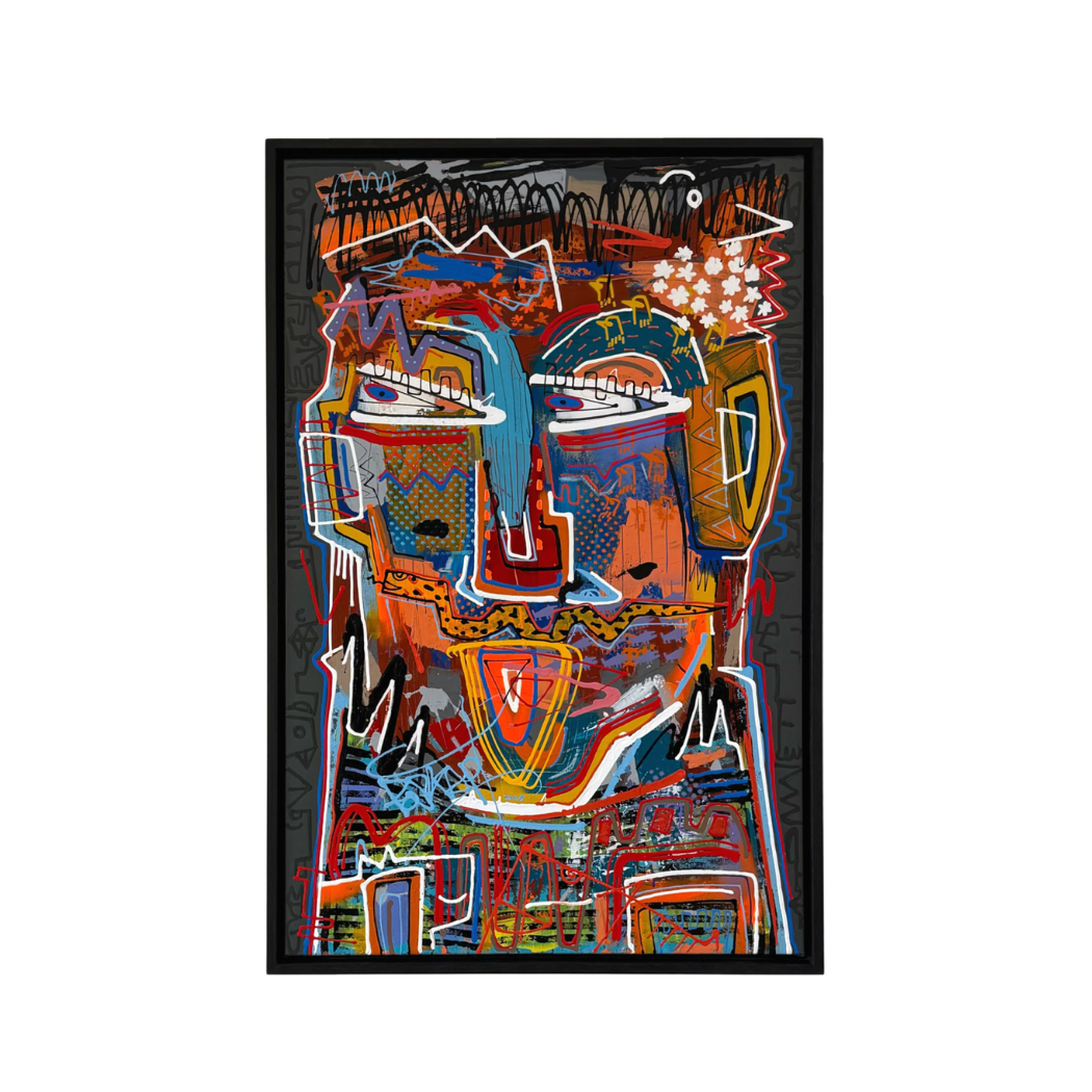 Abstract kunstwerk van een gezicht met felle kleuren, dikke lijnen en vormen in een zwarte lijst.