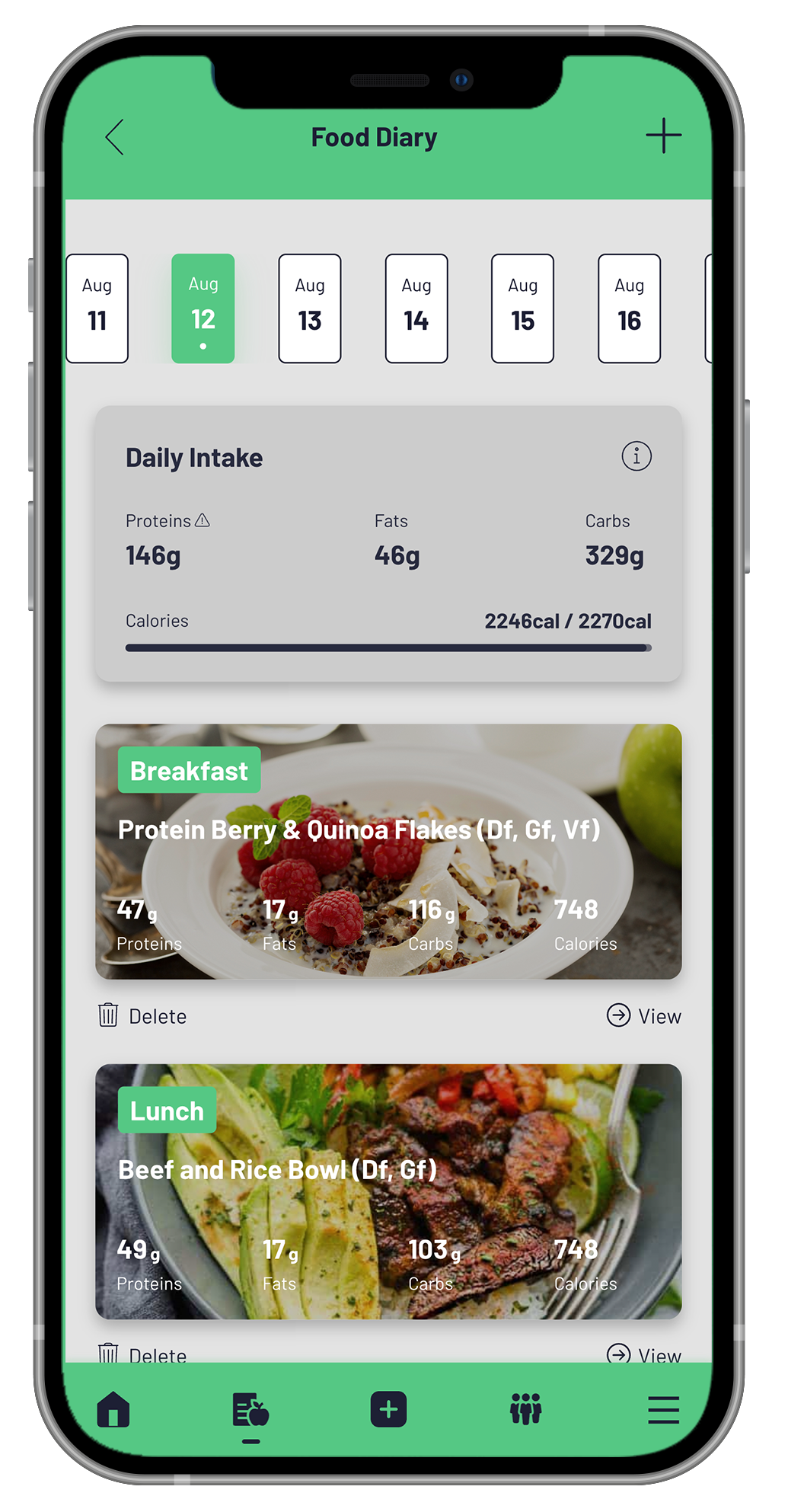Stronger You App food diary screen