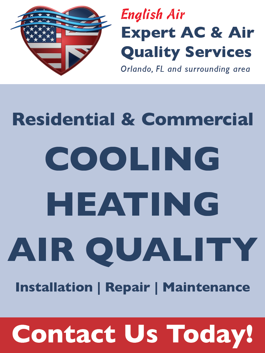 English Air HVAC ad with logo, “Residential & Commercial Cooling Heating Air Quality,” and “Contact Us Today!”