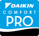Daikin Comfort Pro logo in blue, white, and black with stylized text and wave design