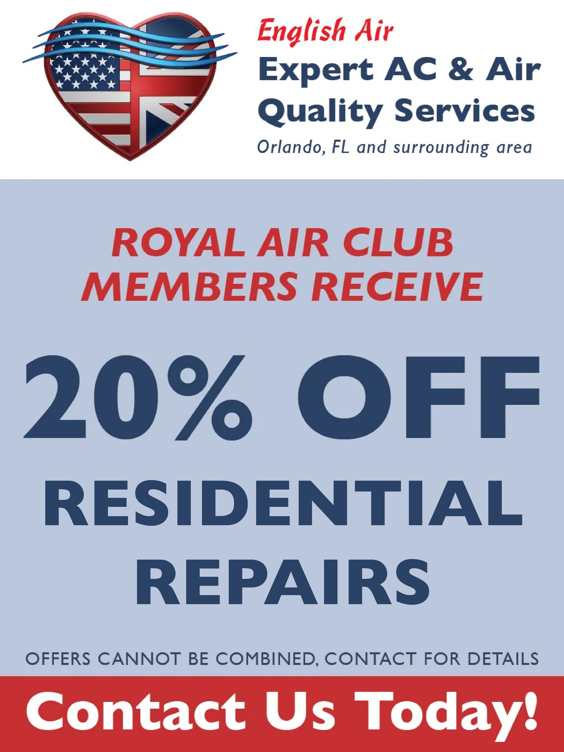 English Air ad: Royal Air Club members get 20% off residential repairs, contact us today.