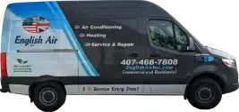 Blue English Air service van with company logo and HVAC repair text