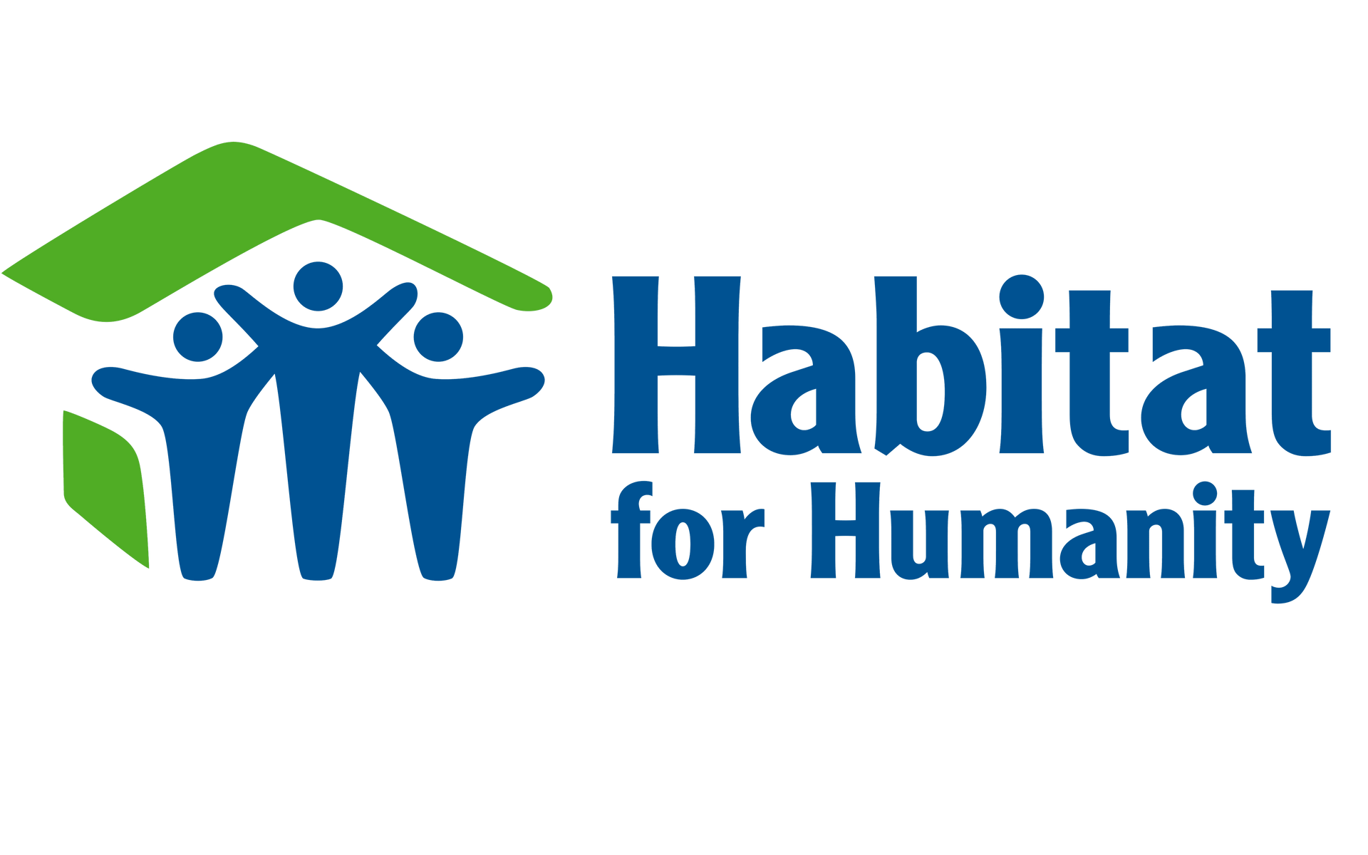 Habitat for Humanity logo with blue text and green roof icon over three stylized people