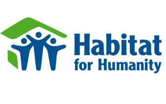 Habitat for Humanity logo with blue text and green roof icon over three stylized people