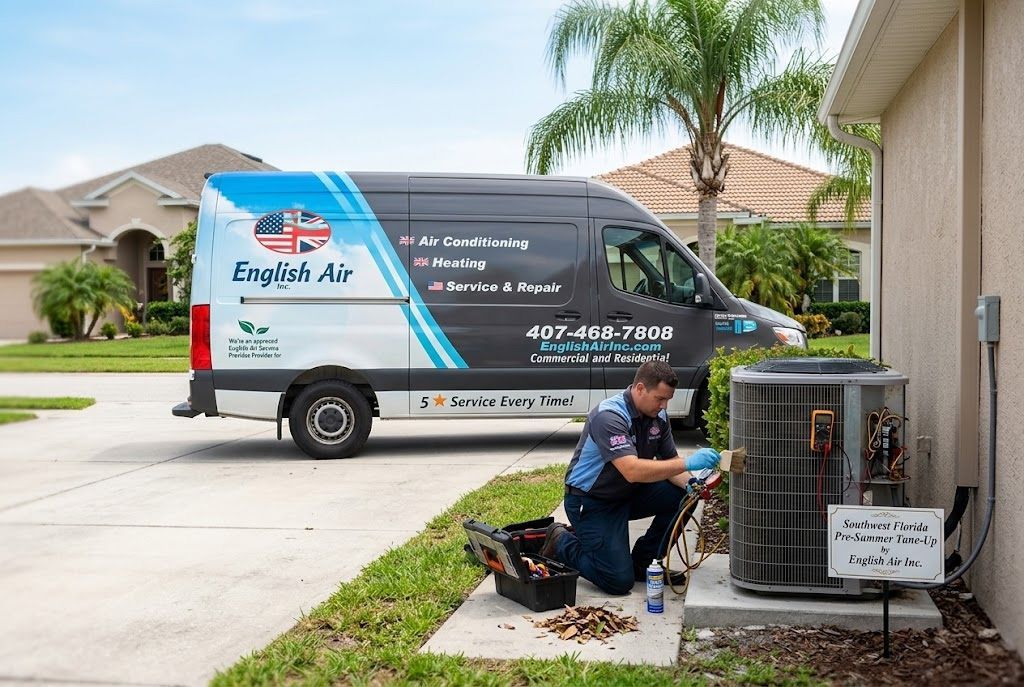 Technician servicing an outdoor air conditioner beside a service van in a suburban driveway