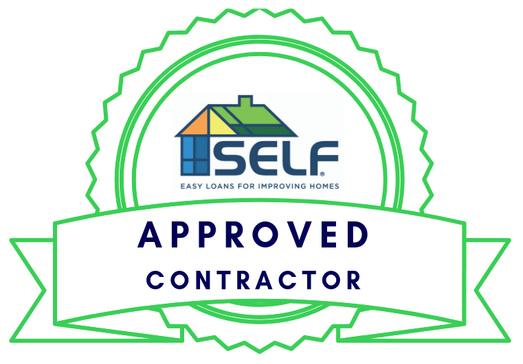SELF Approved Contractor badge in green and blue with house logo and ribbon banner