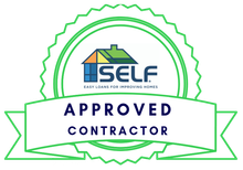 SELF Approved Contractor badge in green and blue with house logo and ribbon banner