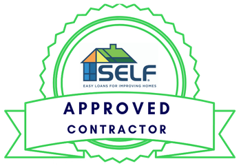 SELF Approved Contractor badge in green and blue with house logo and ribbon banner
