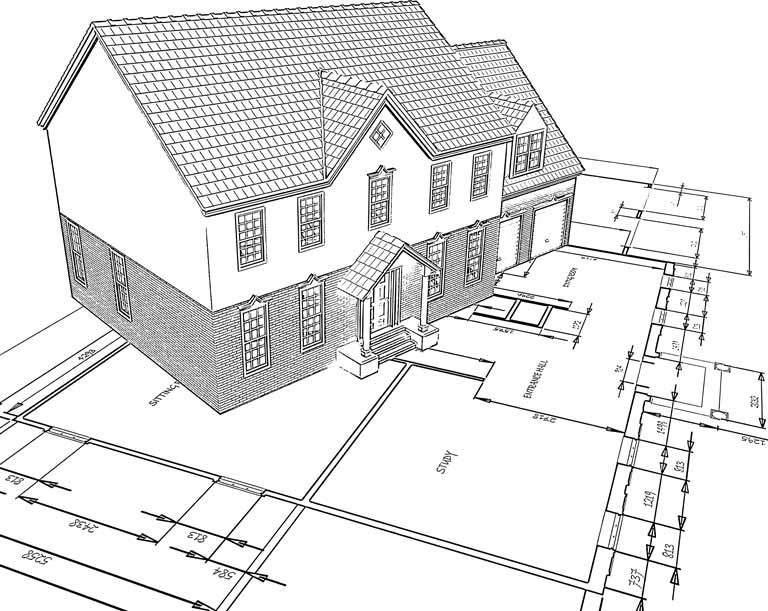 House rendering overlaid on architectural blueprints.