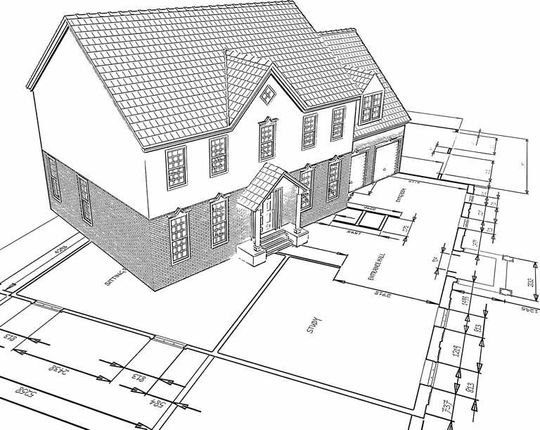 House rendering overlaid on architectural blueprints.
