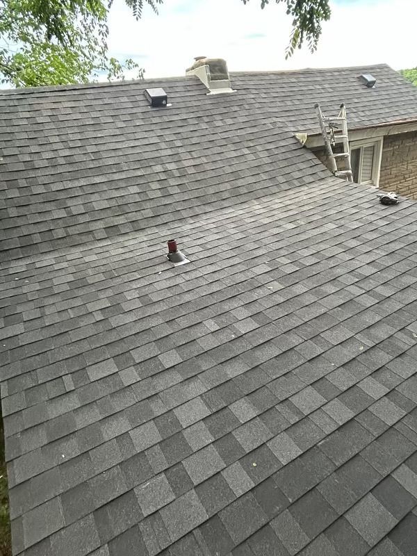 Dark gray asphalt shingle roof with chimneys, vents, and a ladder against the side of a building.