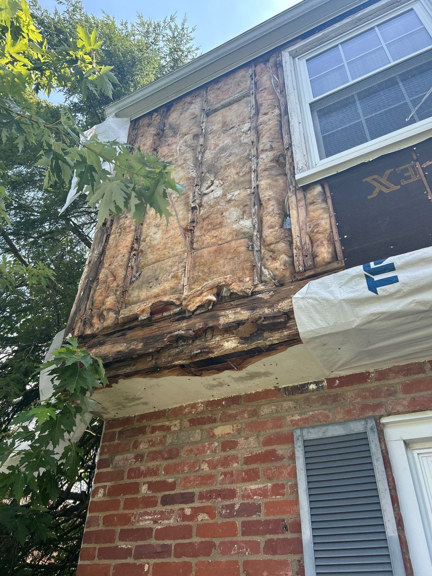 Exterior wall damage exposes deteriorated wood beneath siding. Brick base, window, tree visible.
