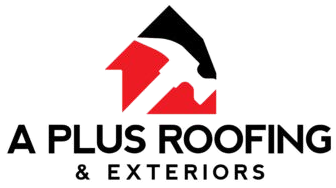 Logo for A Plus Roofing & Exteriors: black and red house shape with a hammer; black text below.