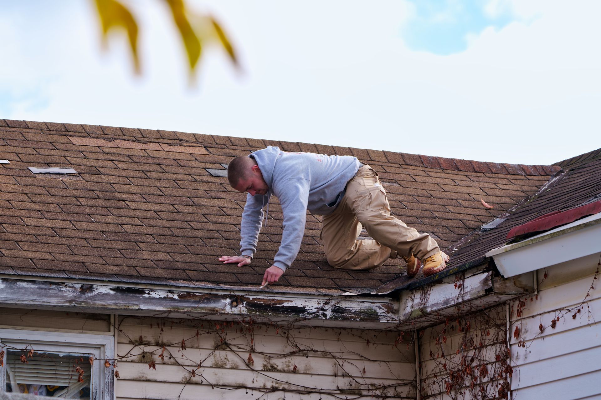 Man crawls on a brown shingle roof, inspecting the edge of the house near the white siding.