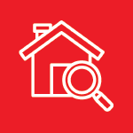 White outline of a house and magnifying glass on a red background, suggesting home inspection.