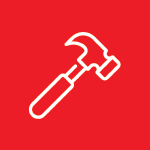 White outline of a hammer on a red background.