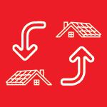 Red background with four white icons: down arrow, house roof, up arrow, house roof.
