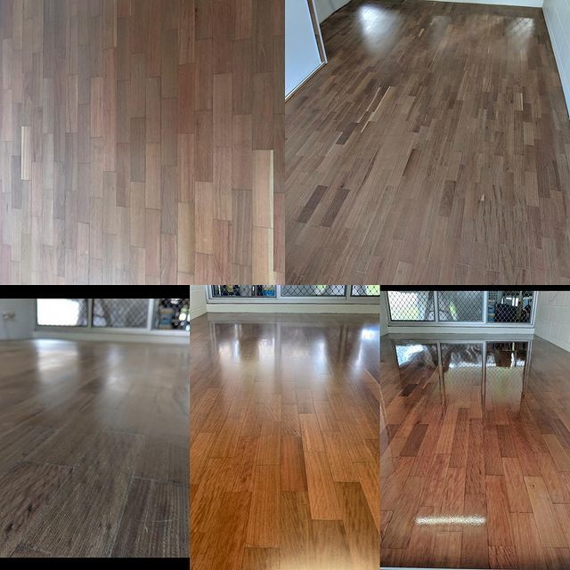 A Collage Of Four Pictures Of A Wooden Floor — AJ's Cleaning & Floor Sanding In Woree, QLD