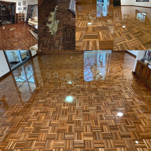 A Collage Of Four Pictures Of A Wooden Floor — AJ's Cleaning & Floor Sanding In Woree, QLD