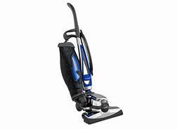 A blue and white vacuum cleaner is sitting on a white surface.