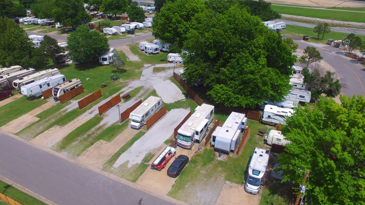 An aerial view of a rv park filled with lots of rvs.